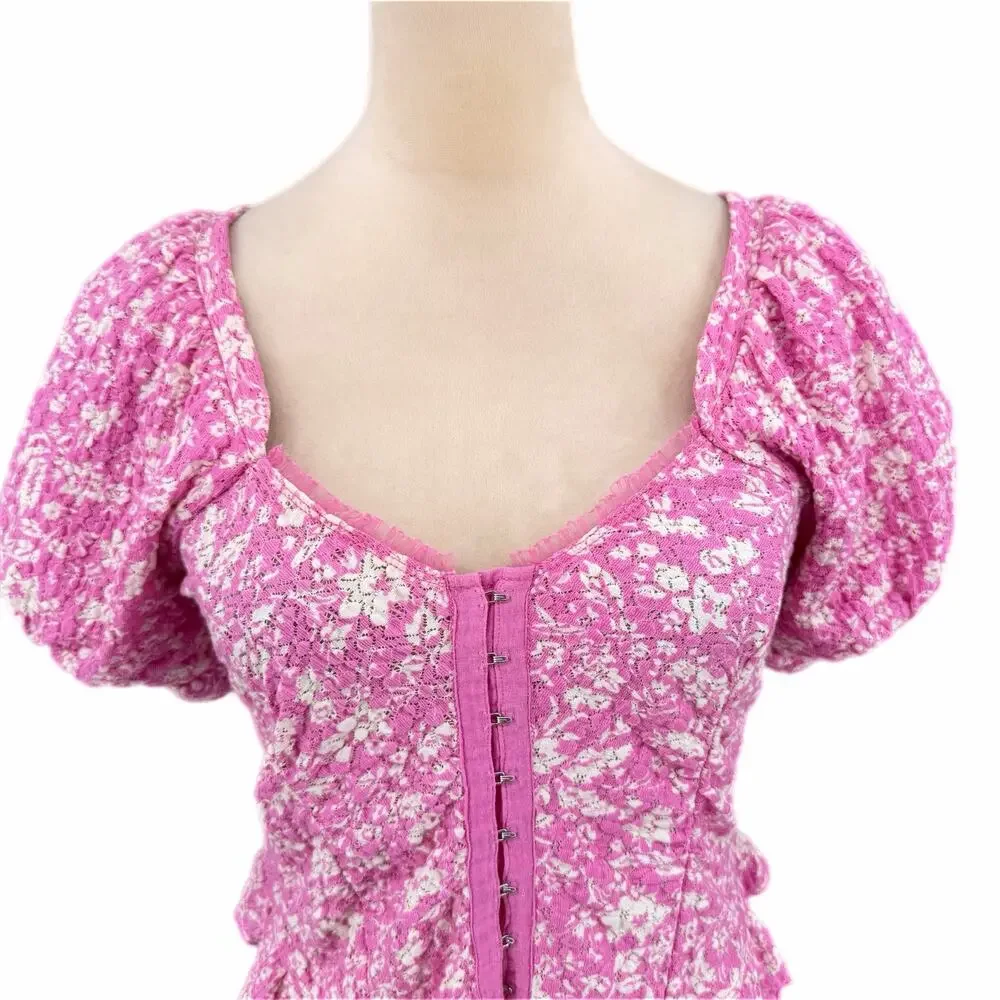 Free People Oh Baby Pink White Corset Puff Sleeve Ruffle Lace Eyelet Blouse Top